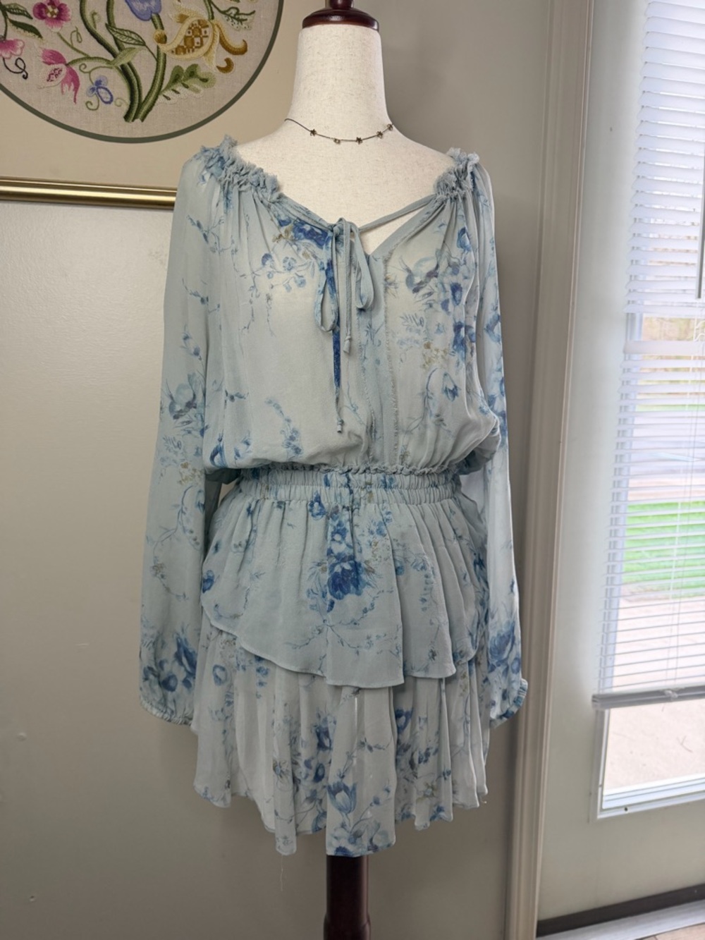 Light Blue Floral Tiered Long-Sleeve Mini Dress